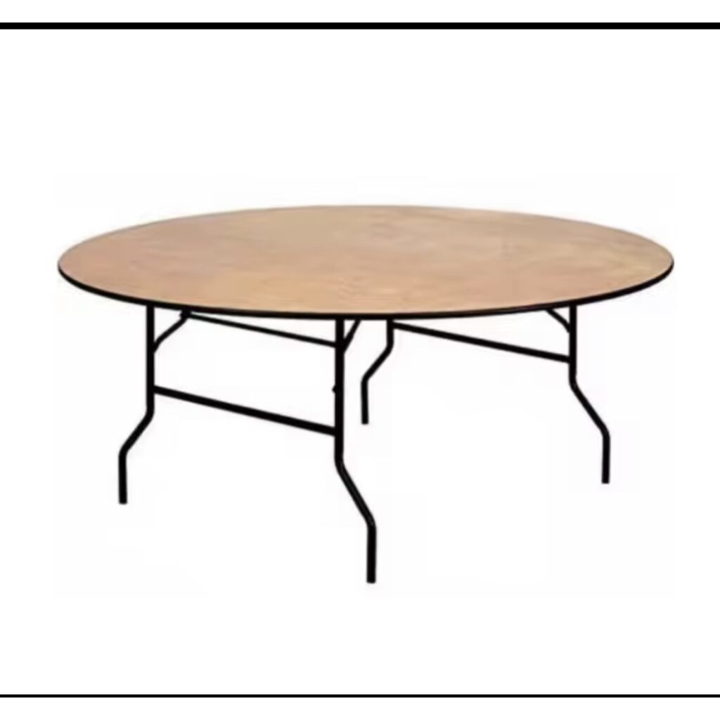 Round folding wooden banquet table with heavy-duty black steel legs for events.