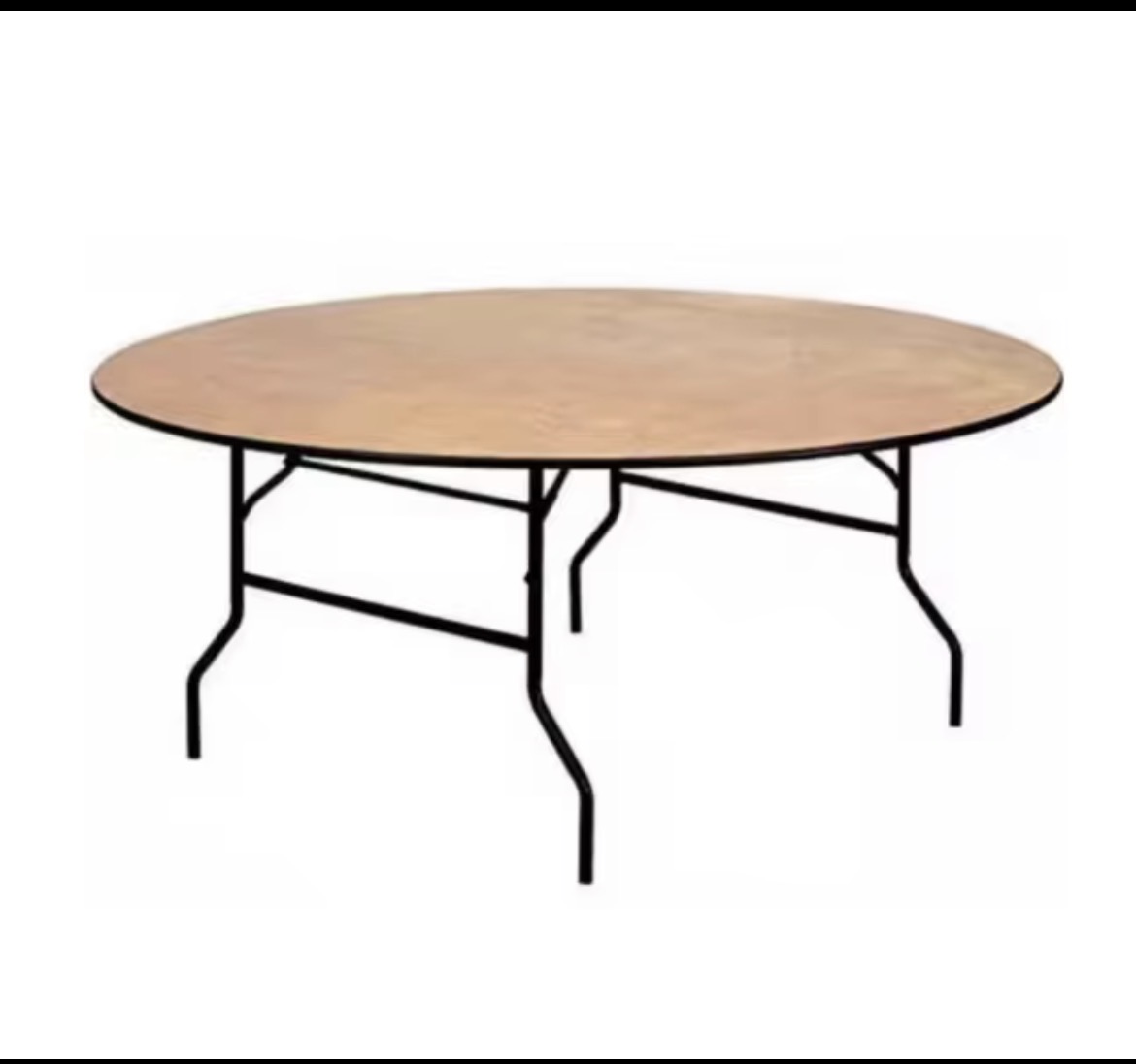 Professional Round Wooden Banquet Table Round folding wooden banquet table with heavy-duty black steel legs for events.