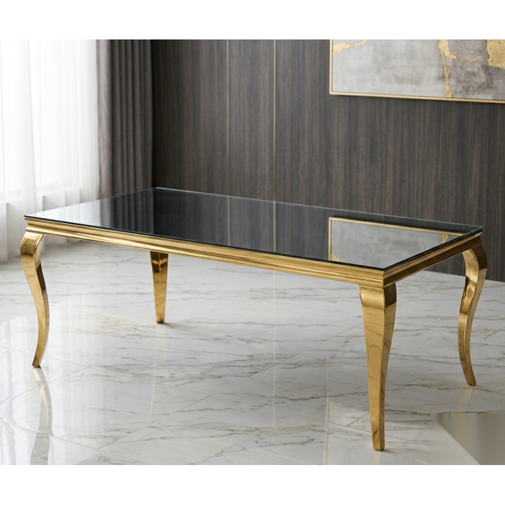 Luxury gold-finished gala table with black tempered glass top for high-end events.