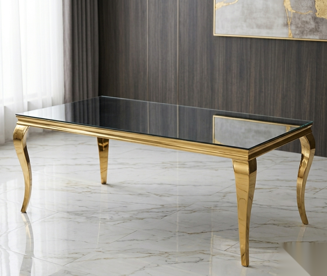 Versailles Rectangular Table Luxury gold-finished gala table with black tempered glass top for high-end events.